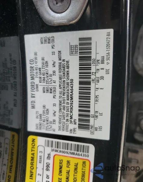 2021 Ford Bronco Sport Badlands из США, поврежденный, VIN 3FMCR9D92MRA64350